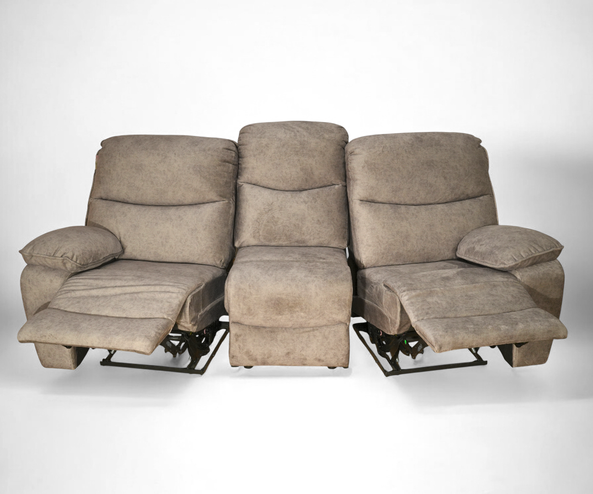 SZN03R fabric recliner sofa set in a city-view living room with a fireplace