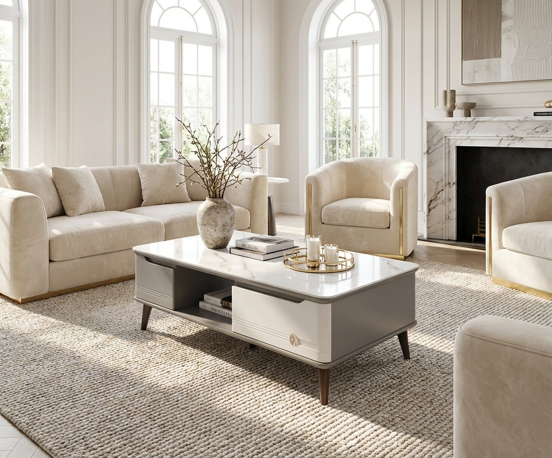T01-120 marble storage table in a bright room with a marble fireplace