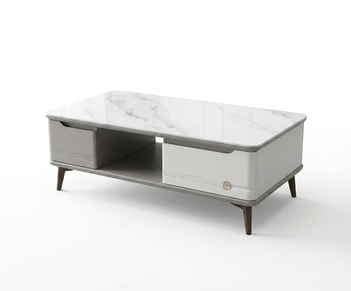 T01-120 marble storage table in a bright room with a marble fireplace