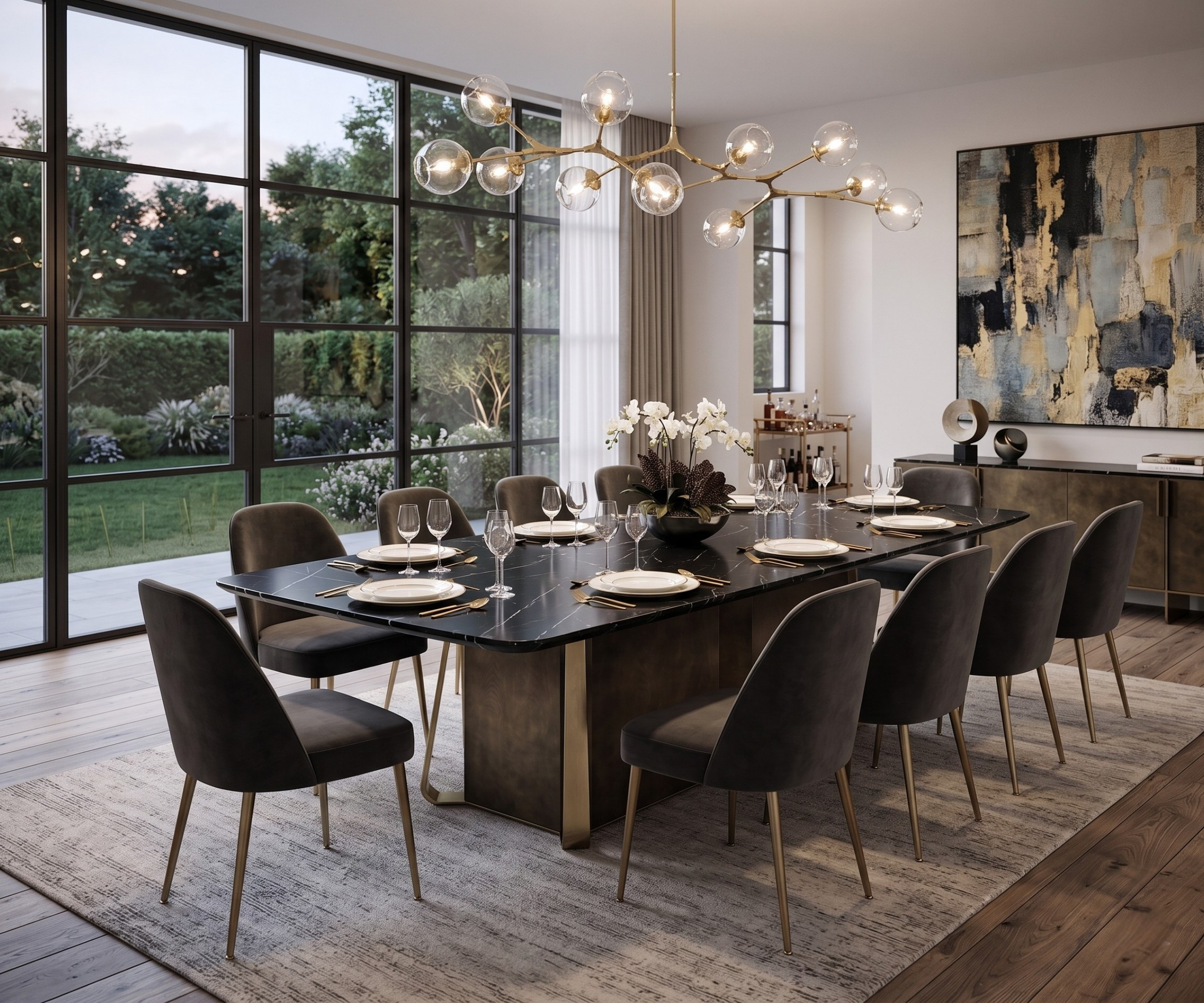 T2505 dining table black marble in a bright dining room with garden windows
