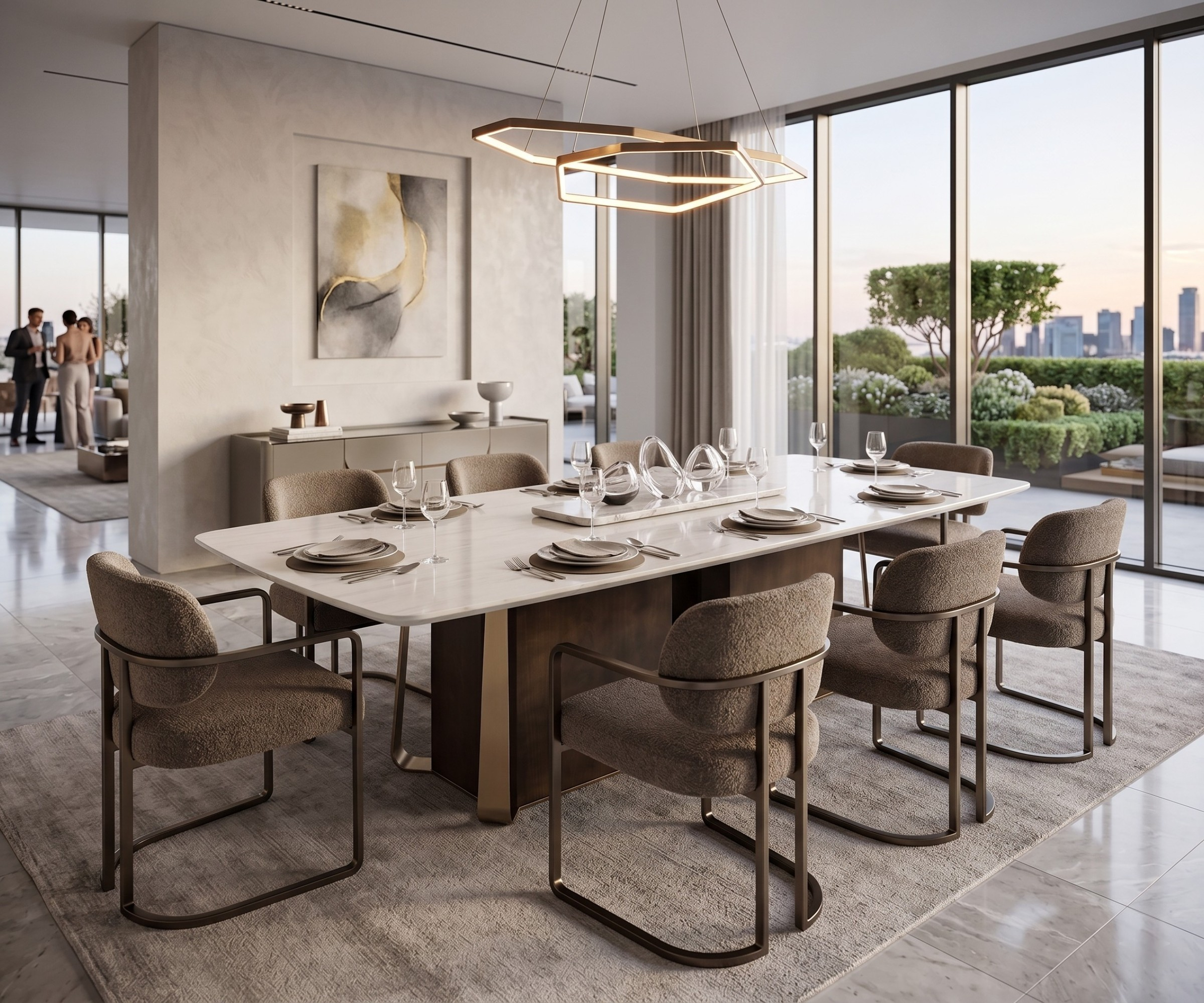 T2505 dining table white marble in a city-view dining room at dusk