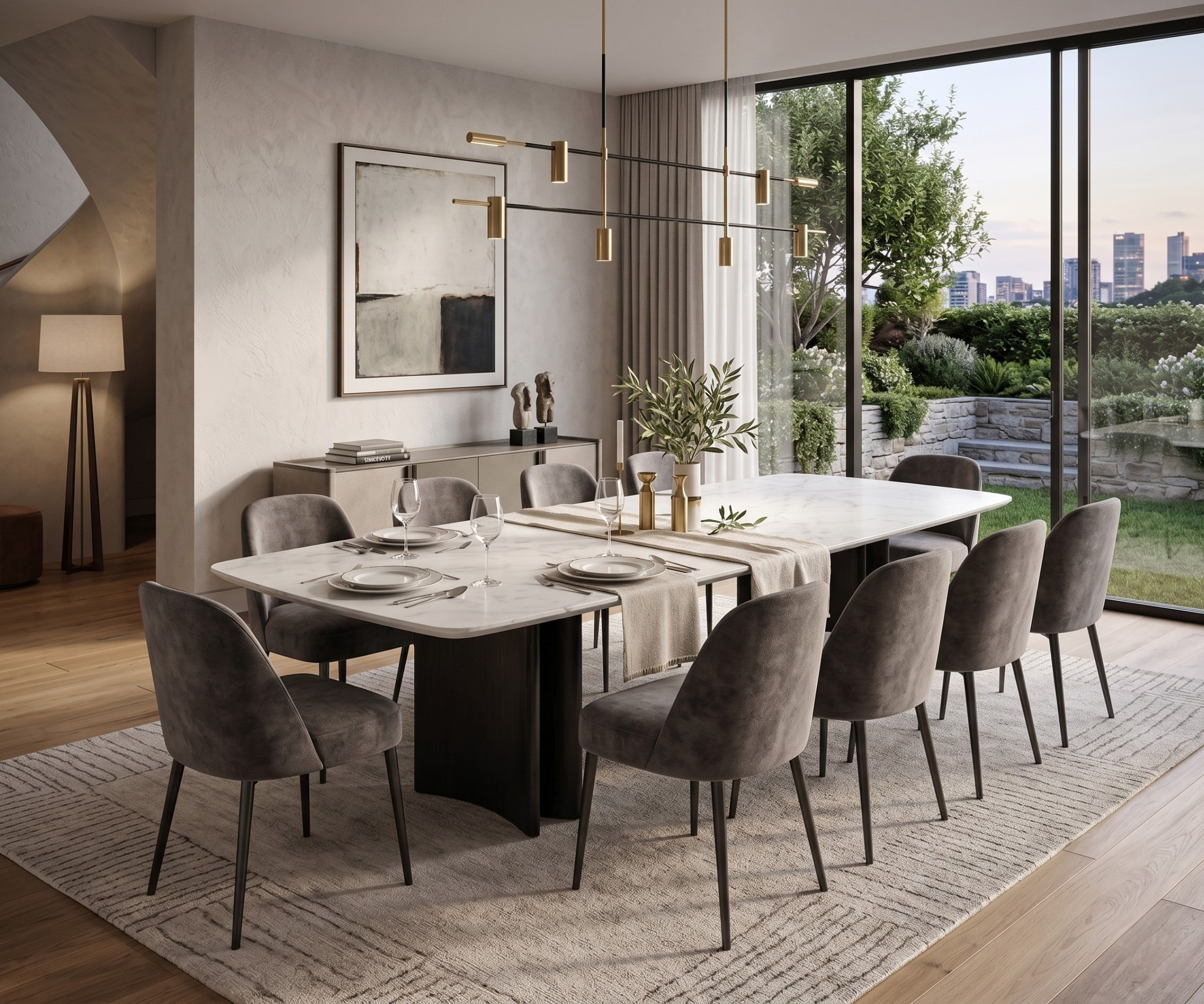 T3121-4 dining table in a bright dining room with a garden view