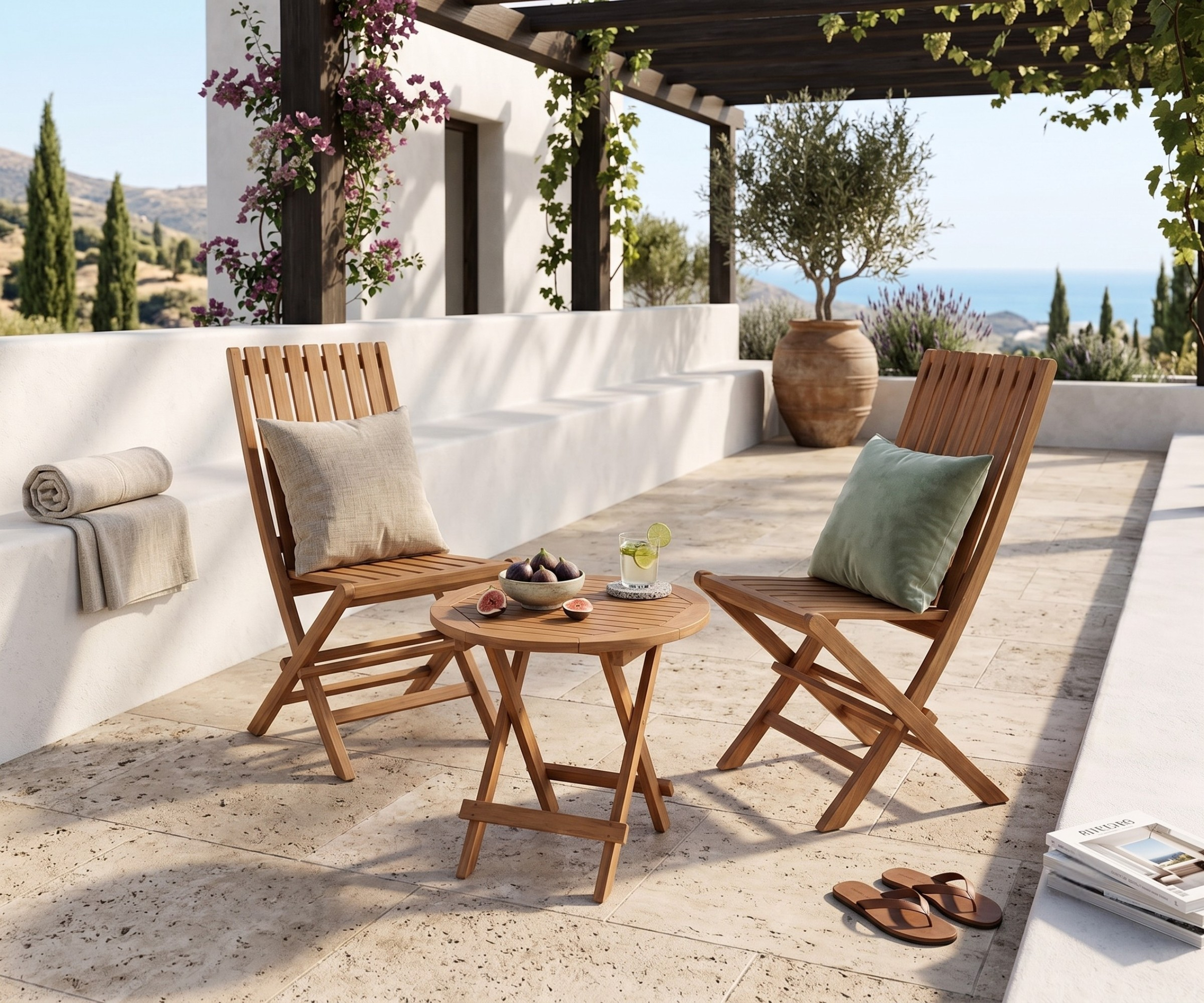 TAB round 50 outdoor picnic KP/T1, folding table and chairs on a sea-view terrace