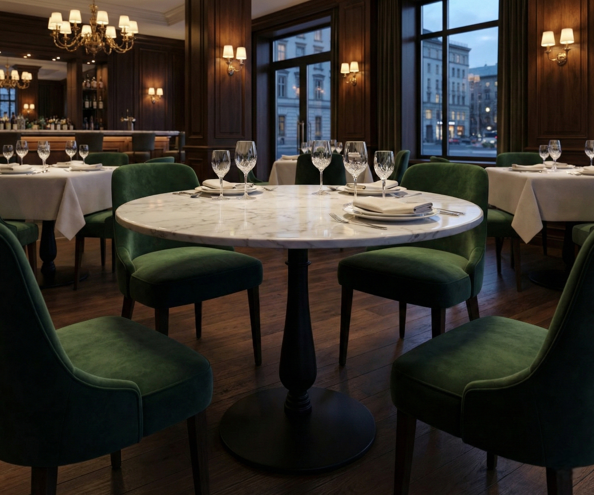 Table base Abby 3005 under a round marble table in a classic restaurant