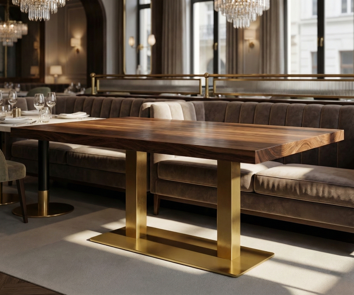 Table base Shelton 1116 under a walnut table in a chandelier-lit restaurant