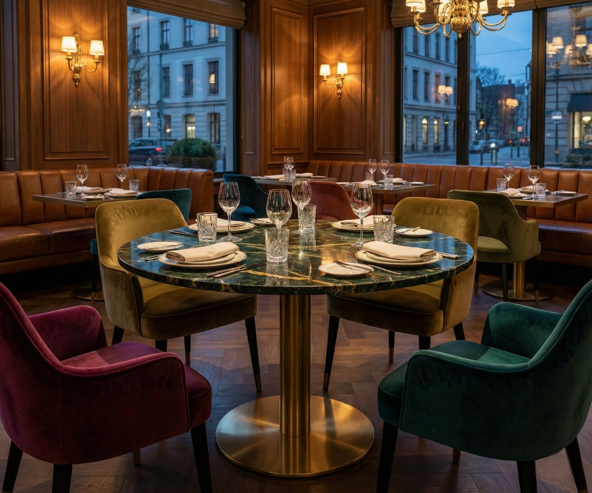 Table base Tina 5026 gold under a round glass table in a wood-panelled bar