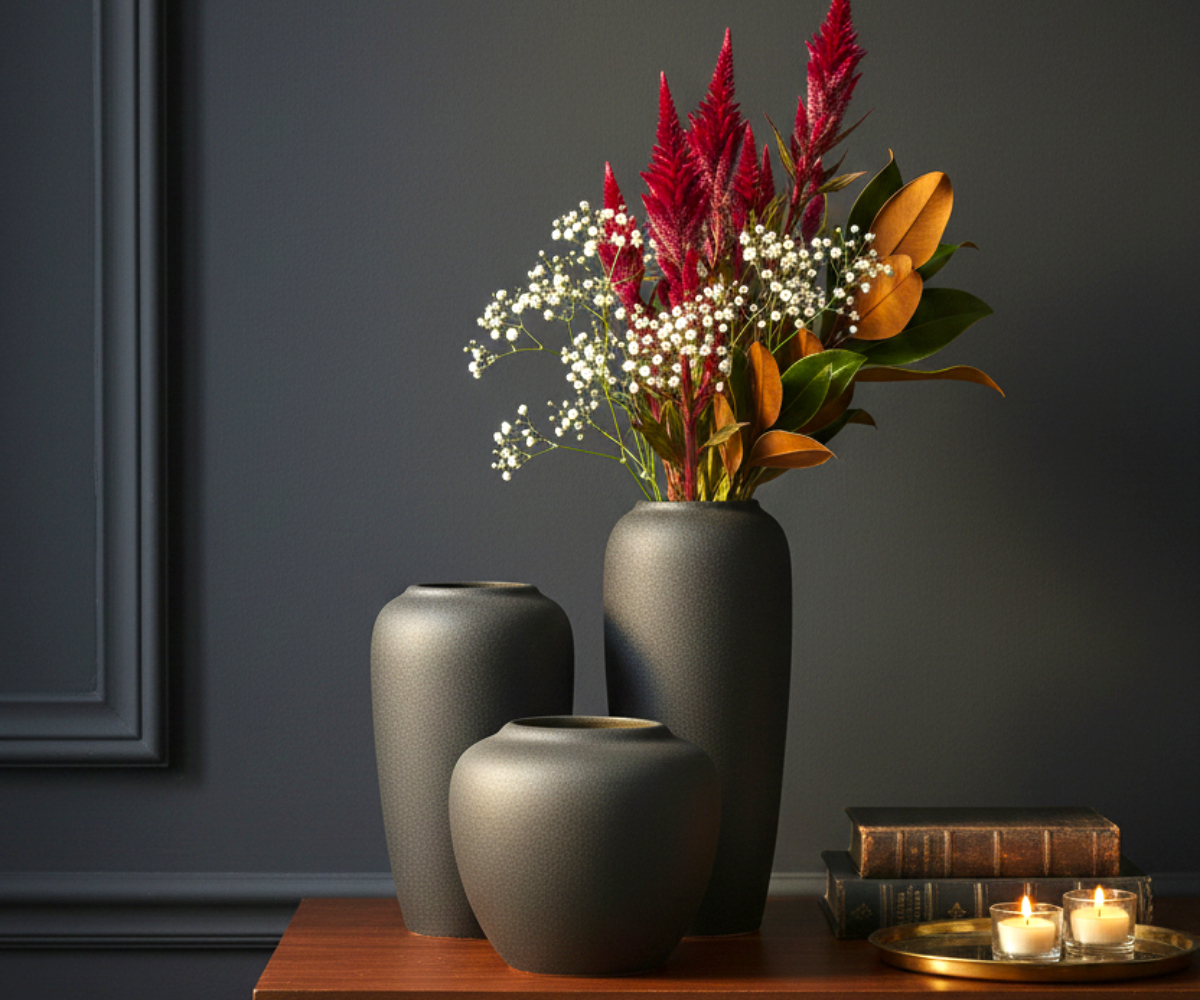Tall black decorative vase A1007, styled with flowers on a dark panelled wall