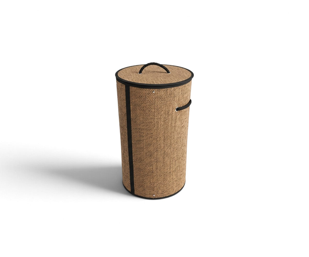 Natural tan round laundry basket with lid and rope handles styled in a luxurious, well-lit modern dressing room