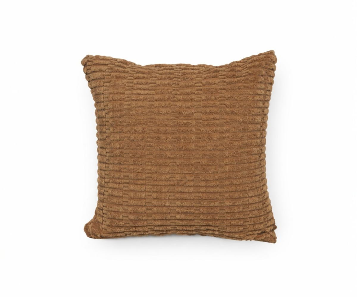 Taupe ribbed velvet cushion, front view of its horizontally ribbed pile