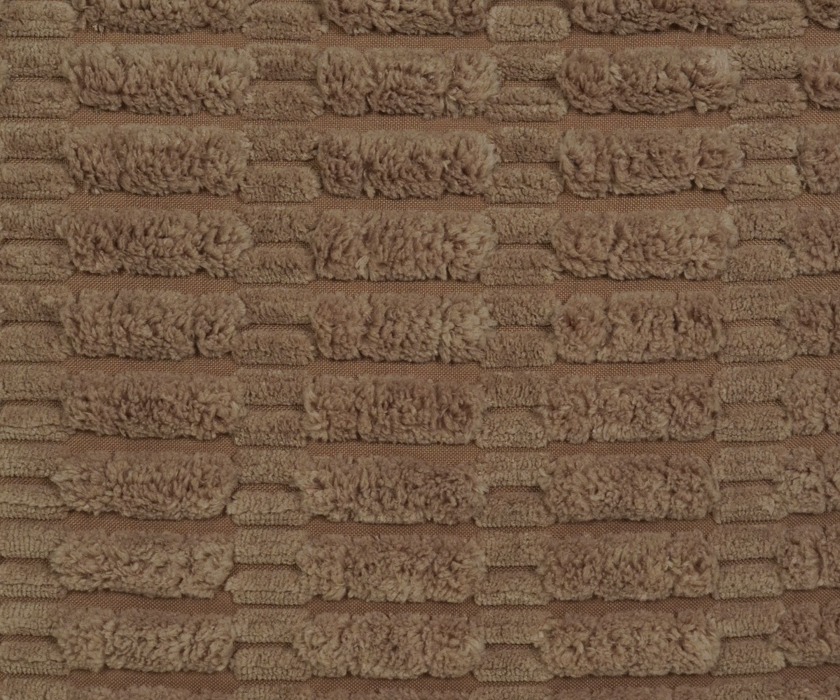 Taupe ribbed velvet cushion, front view of its horizontally ribbed pile