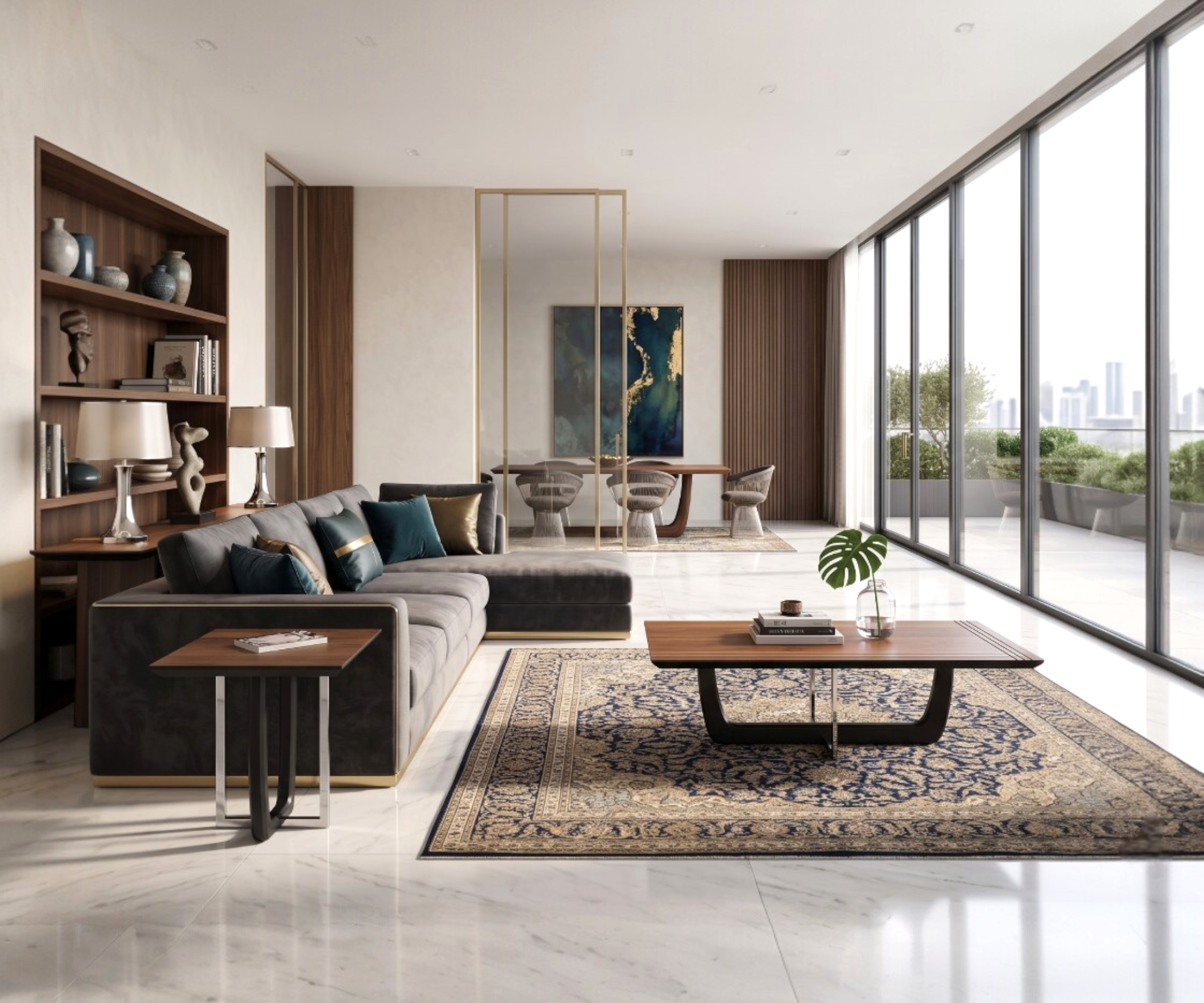Taycan set walnut center table in a city-view living room with a patterned rug