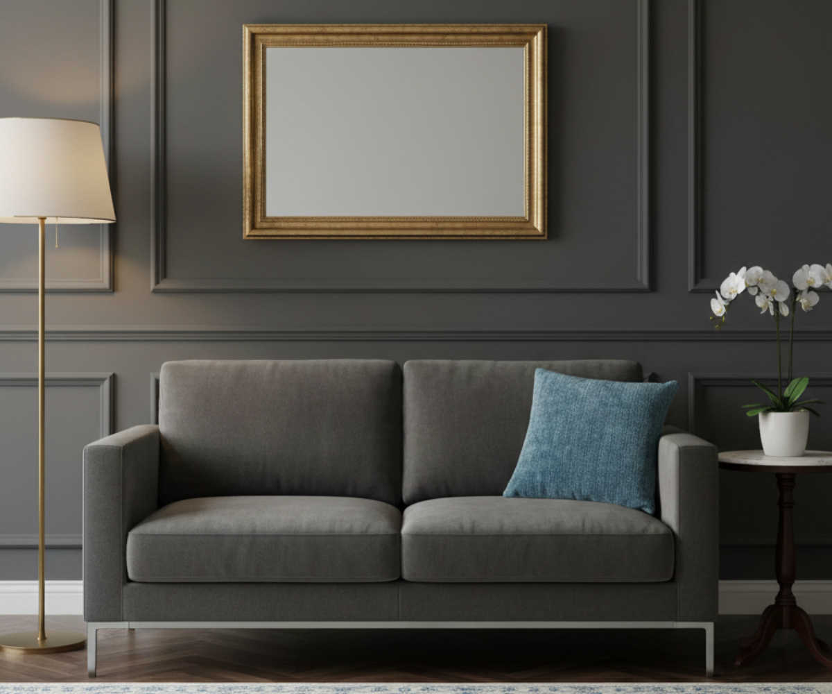 Teal textured linen cushion cover on a grey sofa in a dark panelled room
