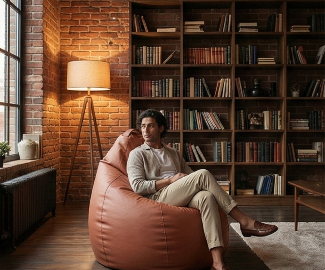 Terra-cotta classic bean bag in a brick-walled library, with a person seated