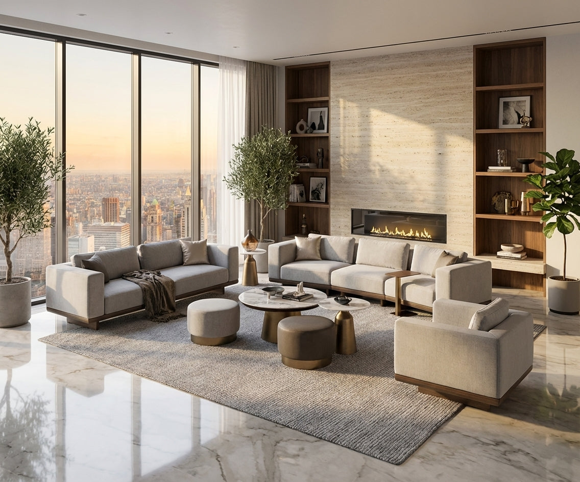 Tetra grey modular sofa in a city-view living room at sunset