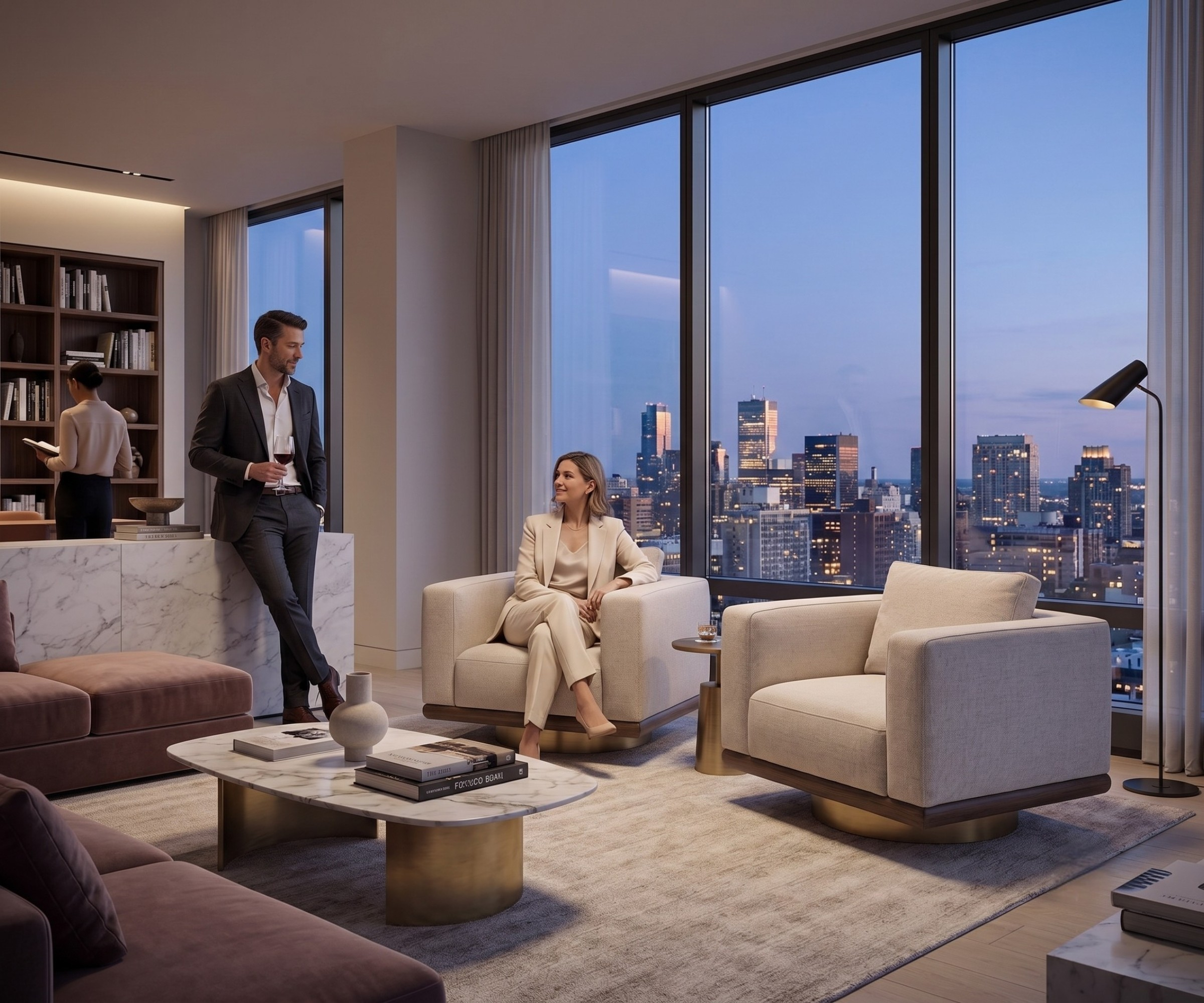TETRA sofa set armchair, in a city-view lounge at dusk
