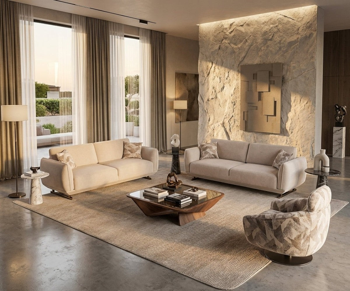 Time beige modern sofa set in a stone-walled living room