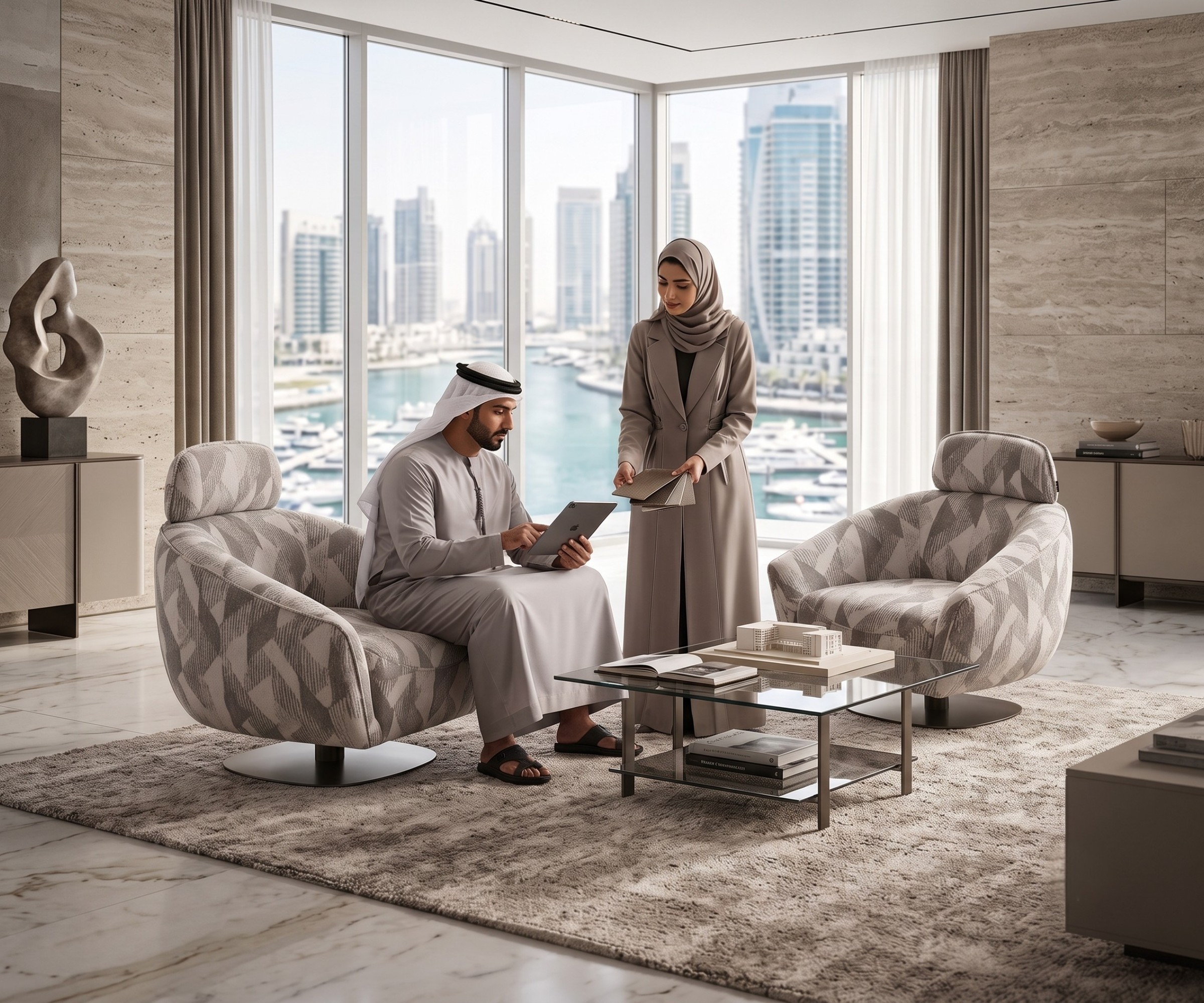 Time sofa set arm chair, two chairs in a marina-view lounge