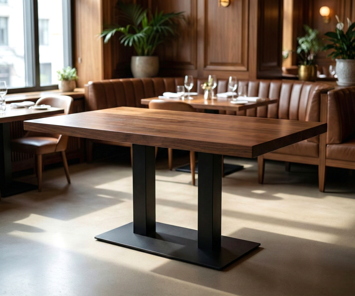 TITAN matte black double pedestal table base under a walnut restaurant table