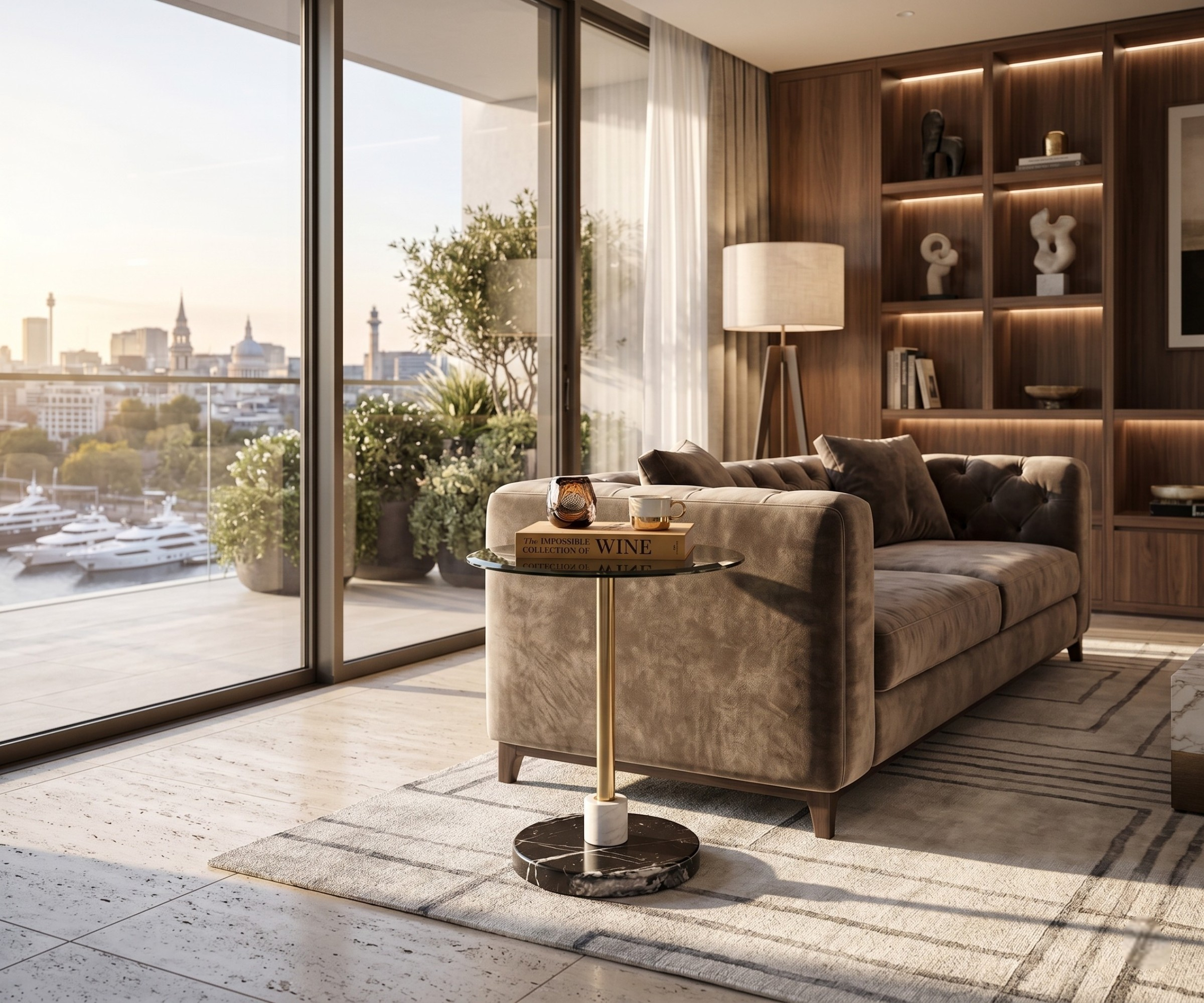 TKD-1 black marble table beside a sofa in a city-view living room