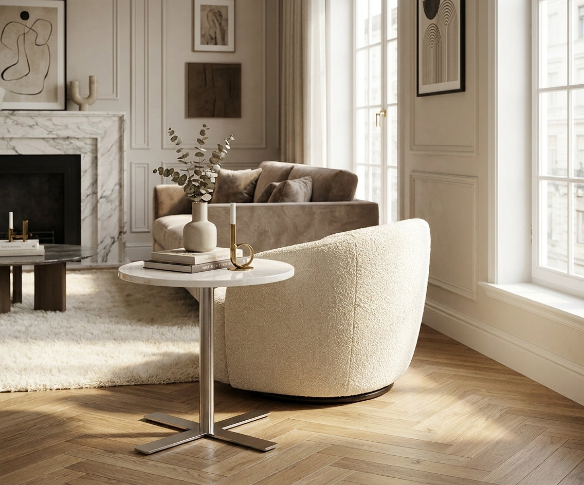 TKD-2 white wooden table beside a curved sofa in a bright fireplace room