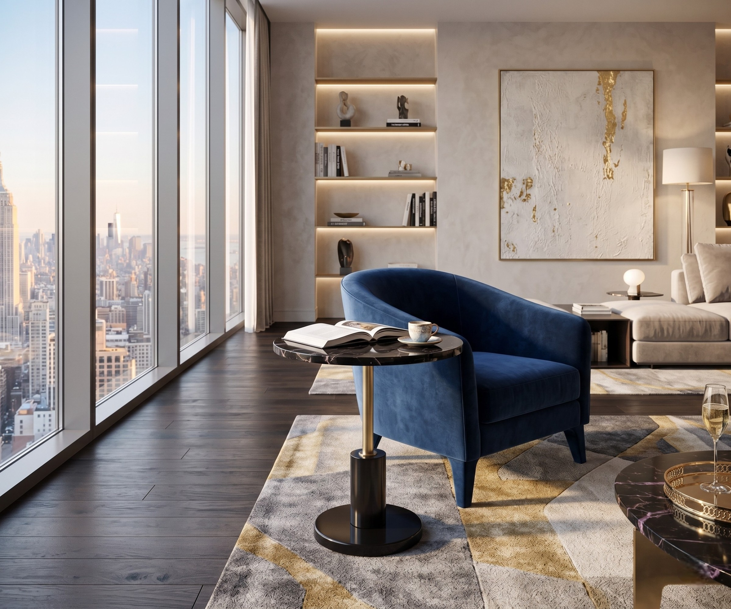 TKD-6 black metal table beside a blue armchair in a city-view living room