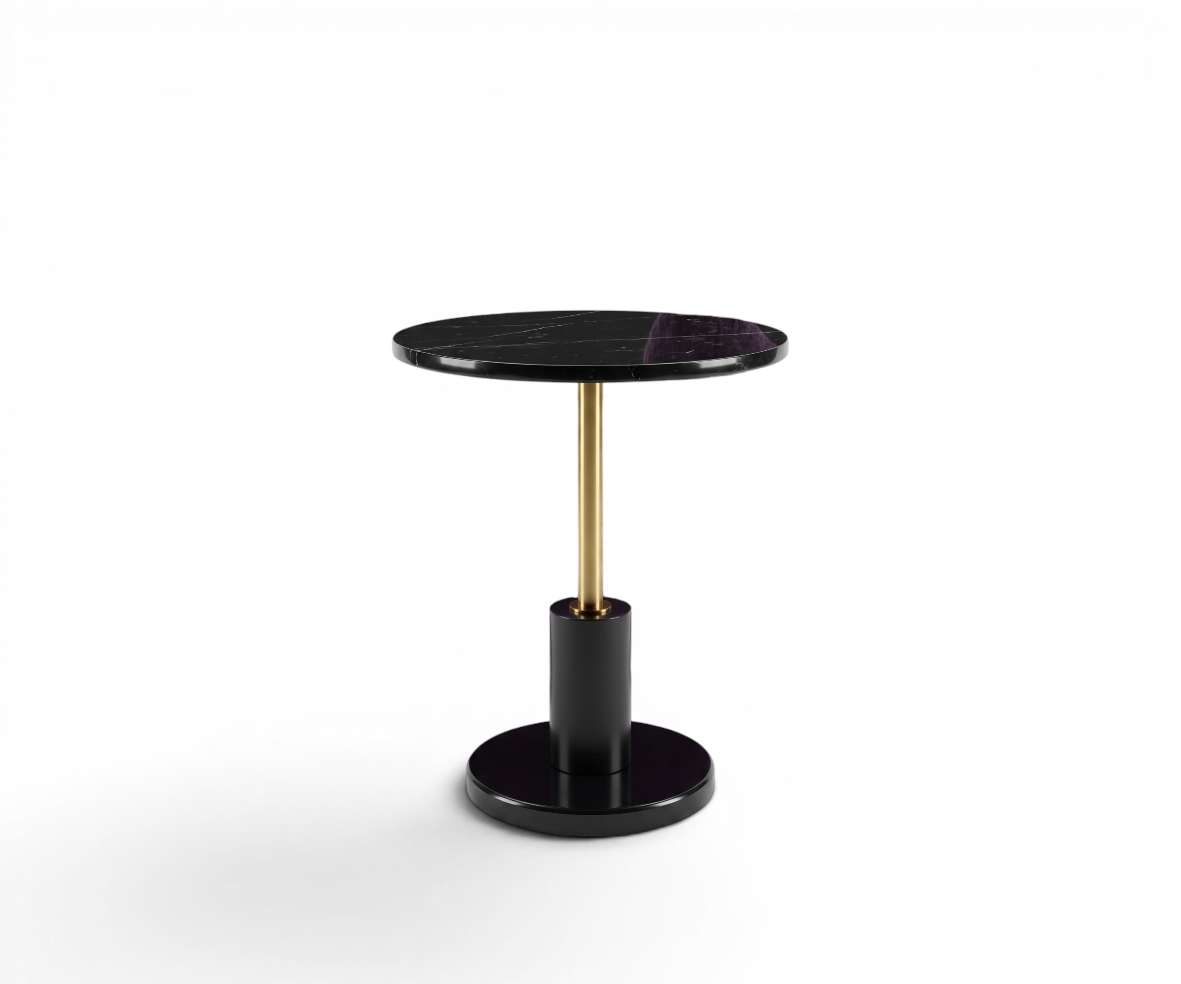 TKD-6 black metal table beside a blue armchair in a city-view living room