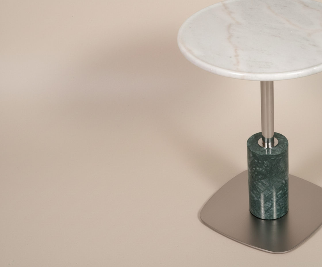 TKD-7 emerald marble table, front view with a green marble column
