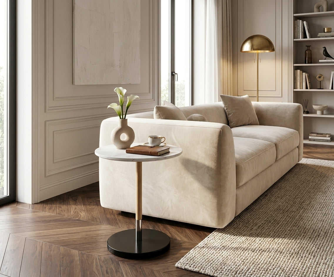 TKD-8 gold marble table beside a sofa in a bright panelled room