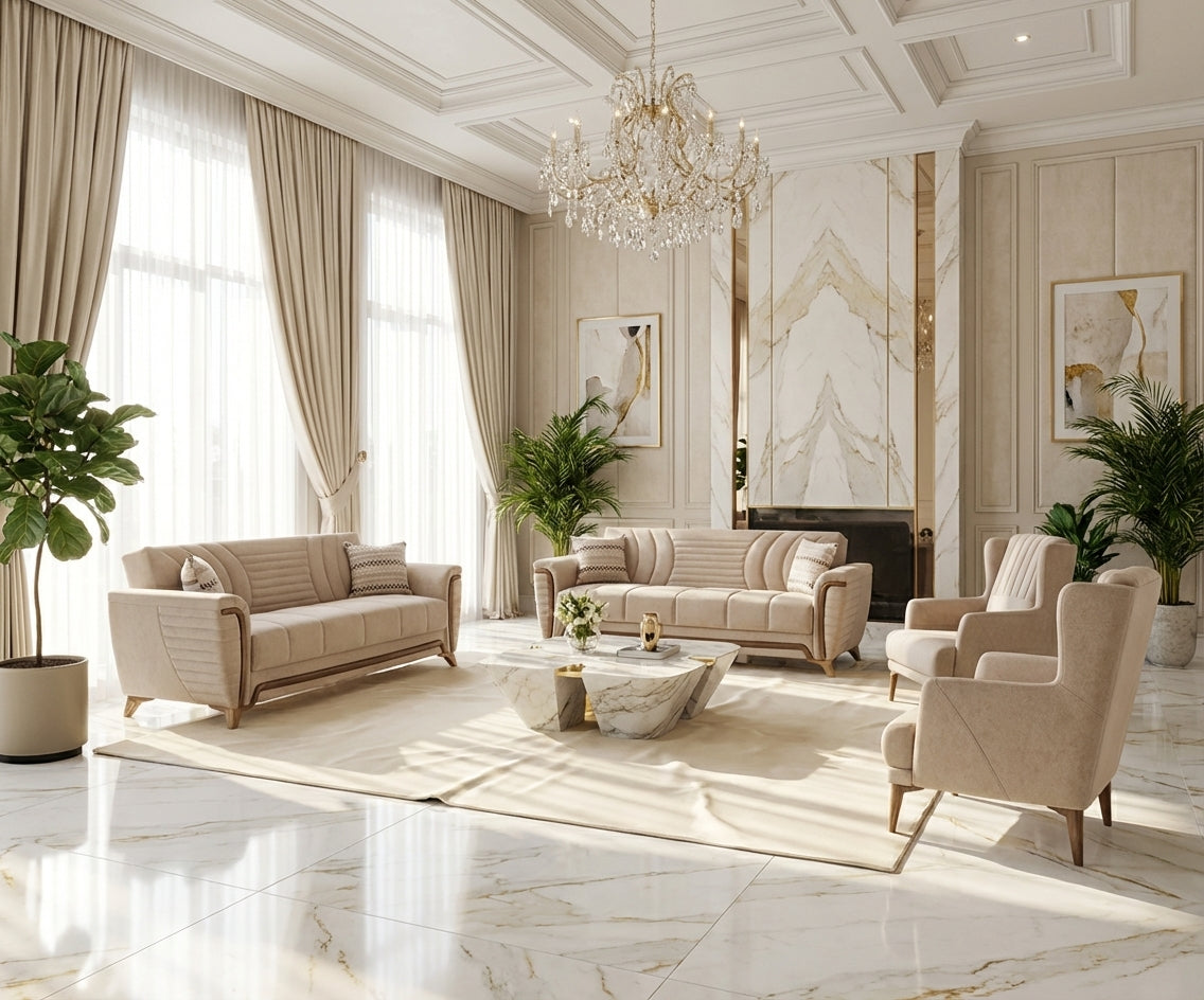 Torino beige wood sofa set in a chandelier-lit marble living room