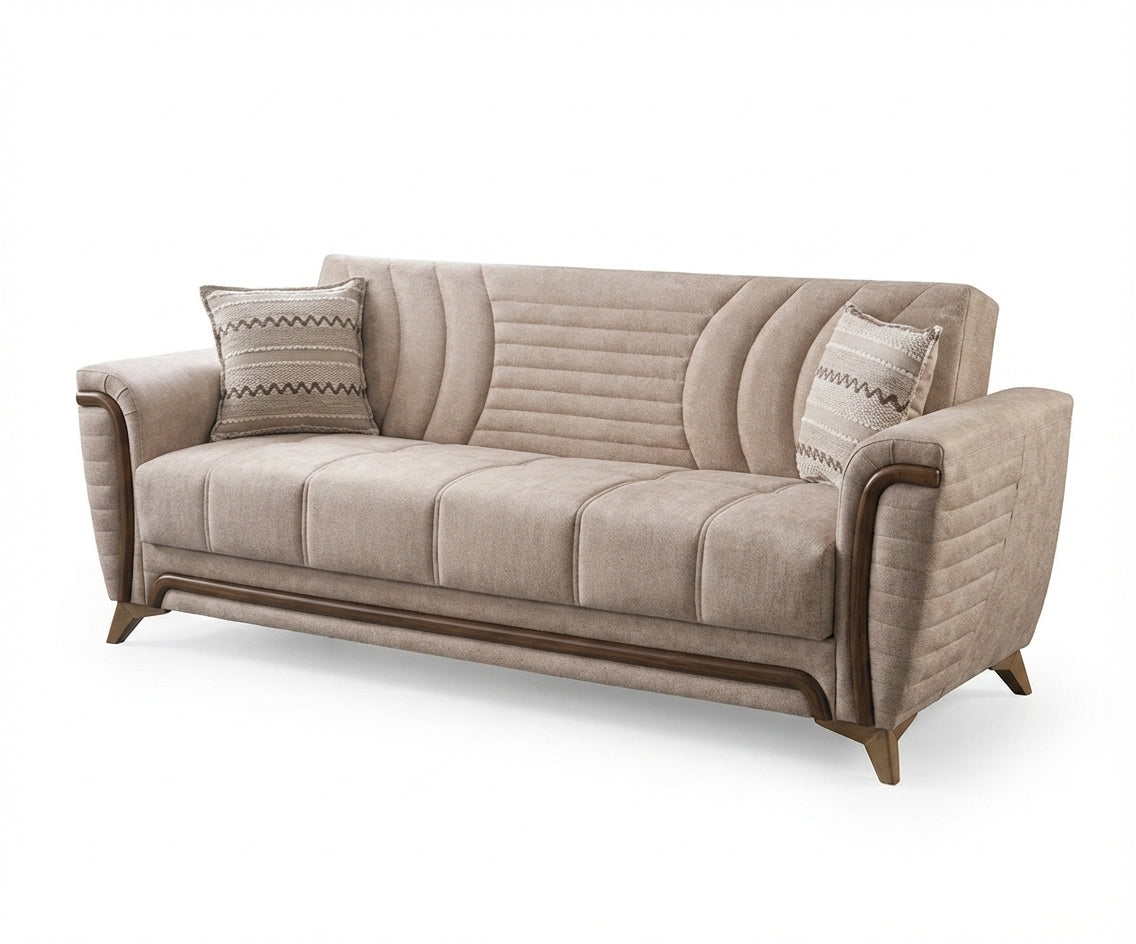 Torino beige wood sofa set in a chandelier-lit marble living room