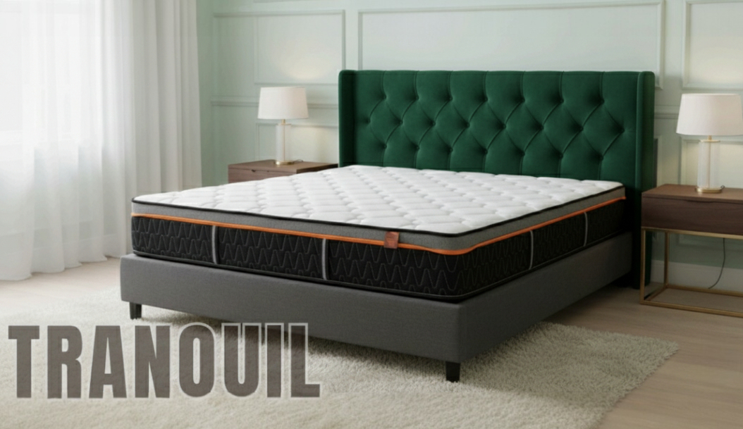 Tranouil mattress with a tan border stripe, on a dark base with a green tufted headboard