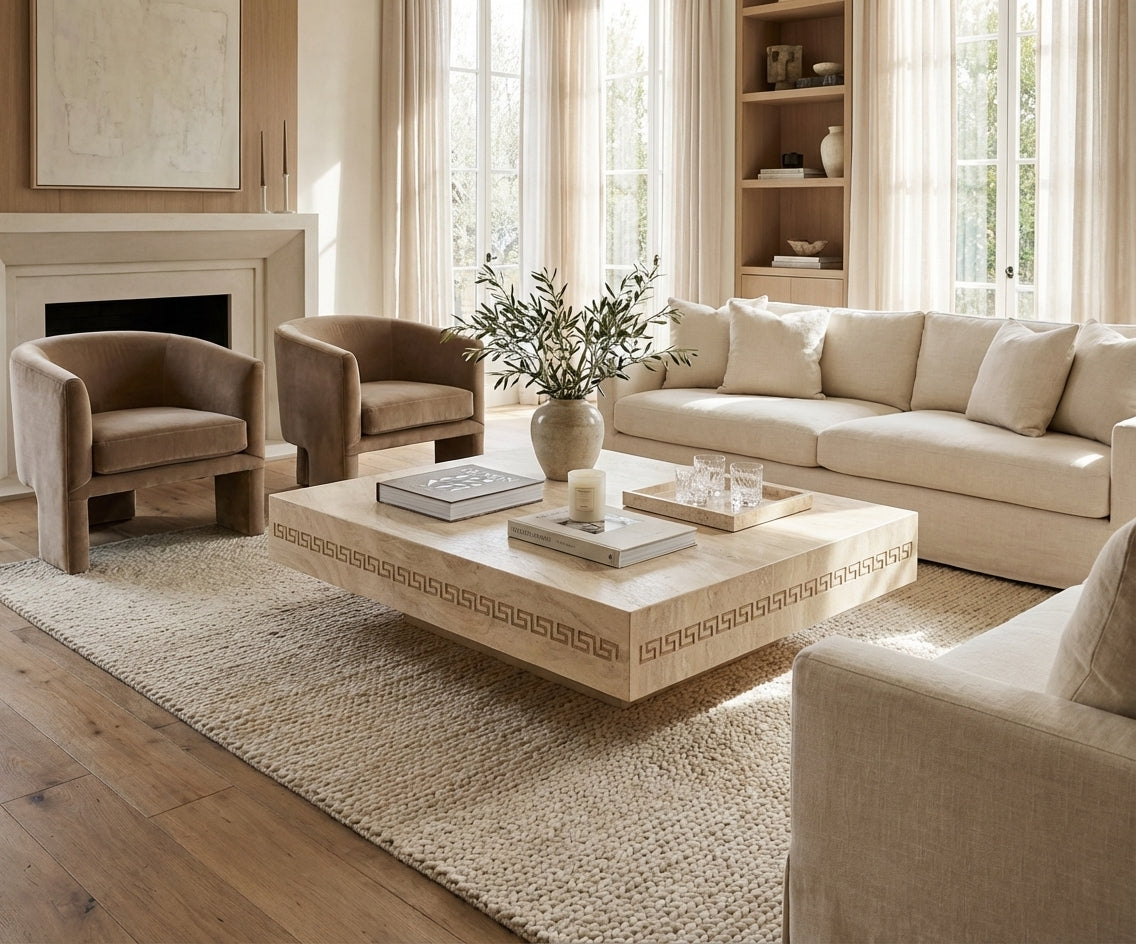 Travertine stone coffee table in a bright room with a fireplace