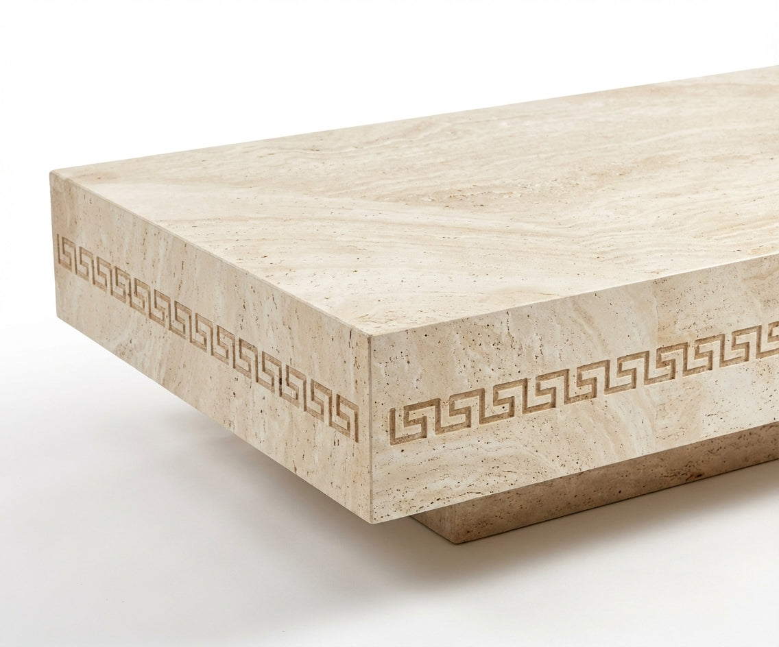 Travertine stone coffee table in a bright room with a fireplace