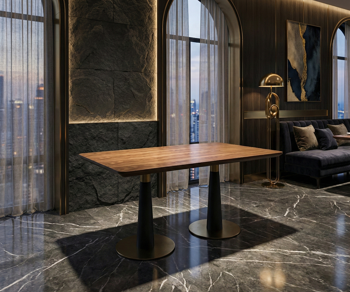 Tribeca dual pedestal table in a city-view lounge on dark marble flooring