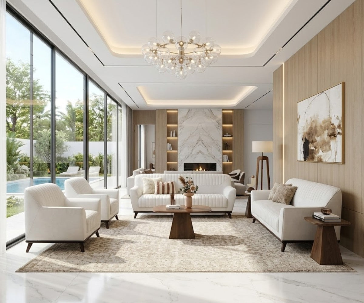 Troop white channel sofa set in a bright pool-view living room