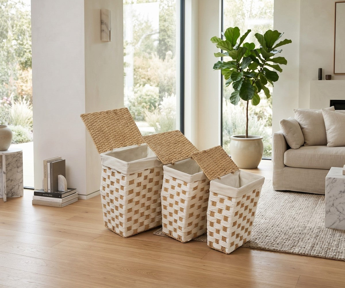 Set of 3 two-tone cream and tan woven storage baskets with open flip-top lids in graduated sizes  