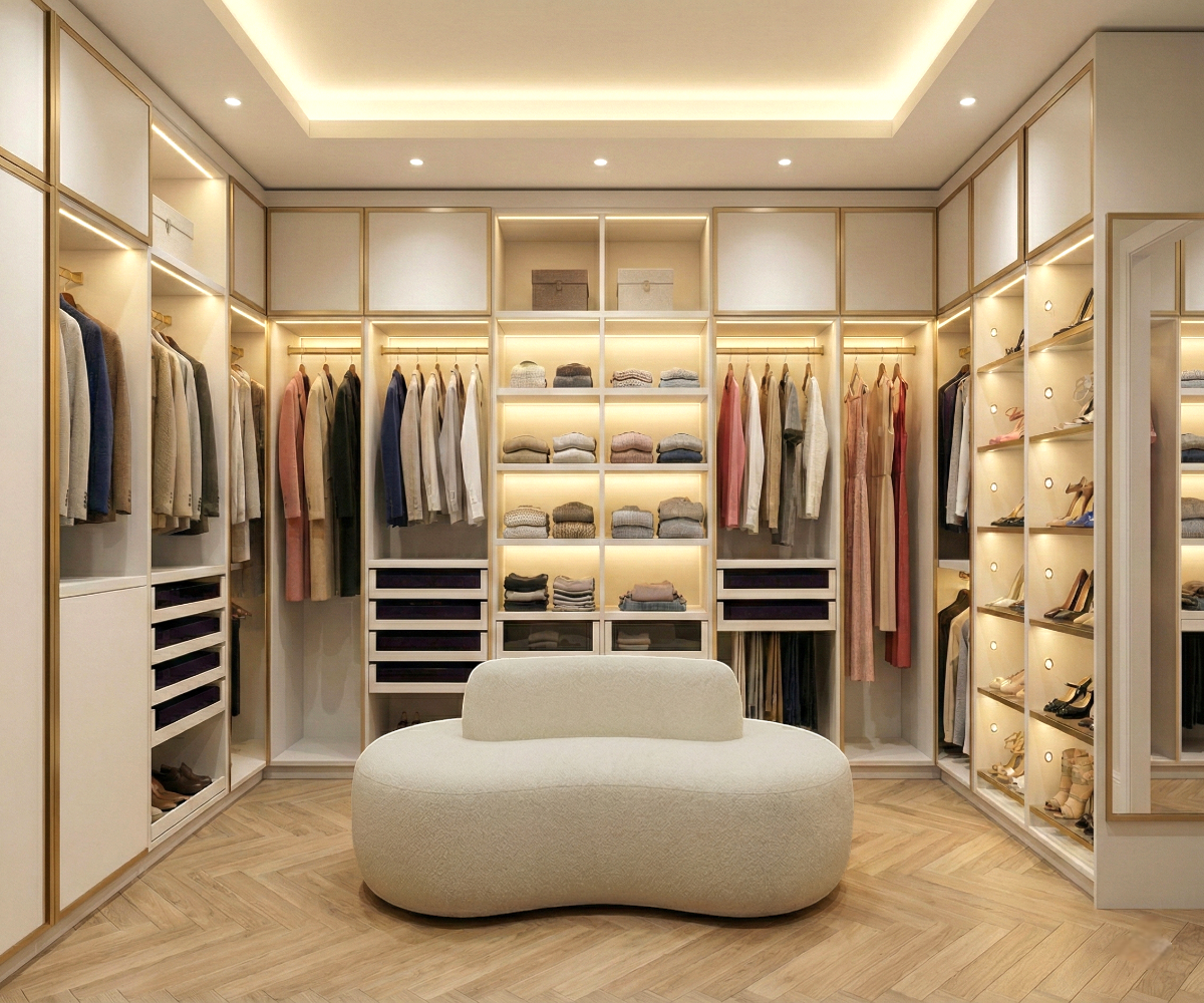 U-shaped modern luxury walk-in closet with lit shelving and a curved ottoman