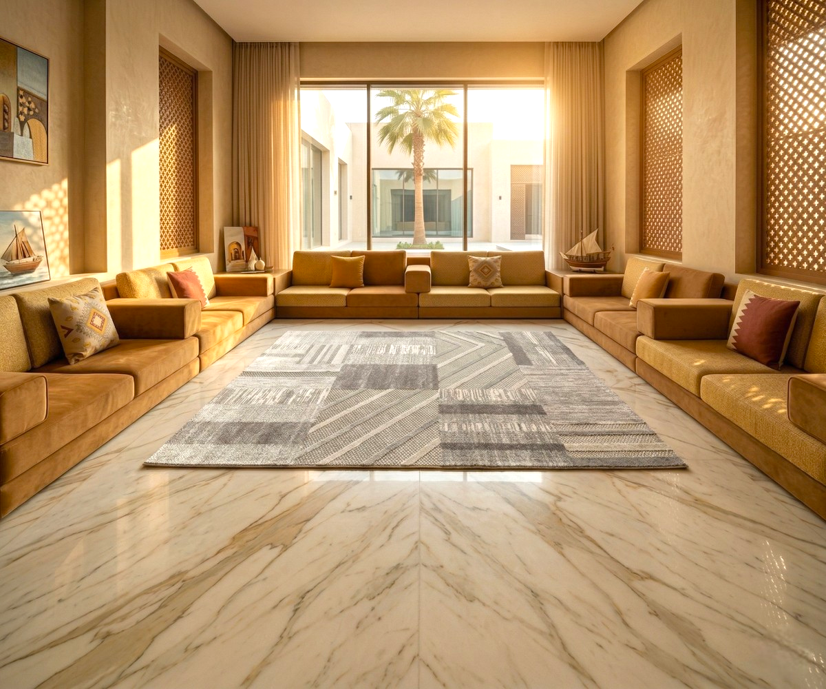 URBAN mosaic grey patchwork rug, 200x300 cm, in a mustard-seated majlis