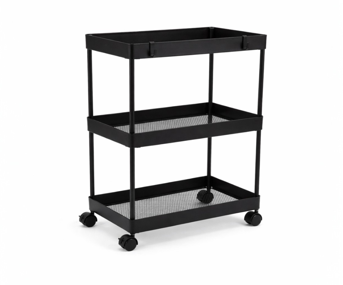 Utility rolling organizer rack, three-tier black trolley on castors