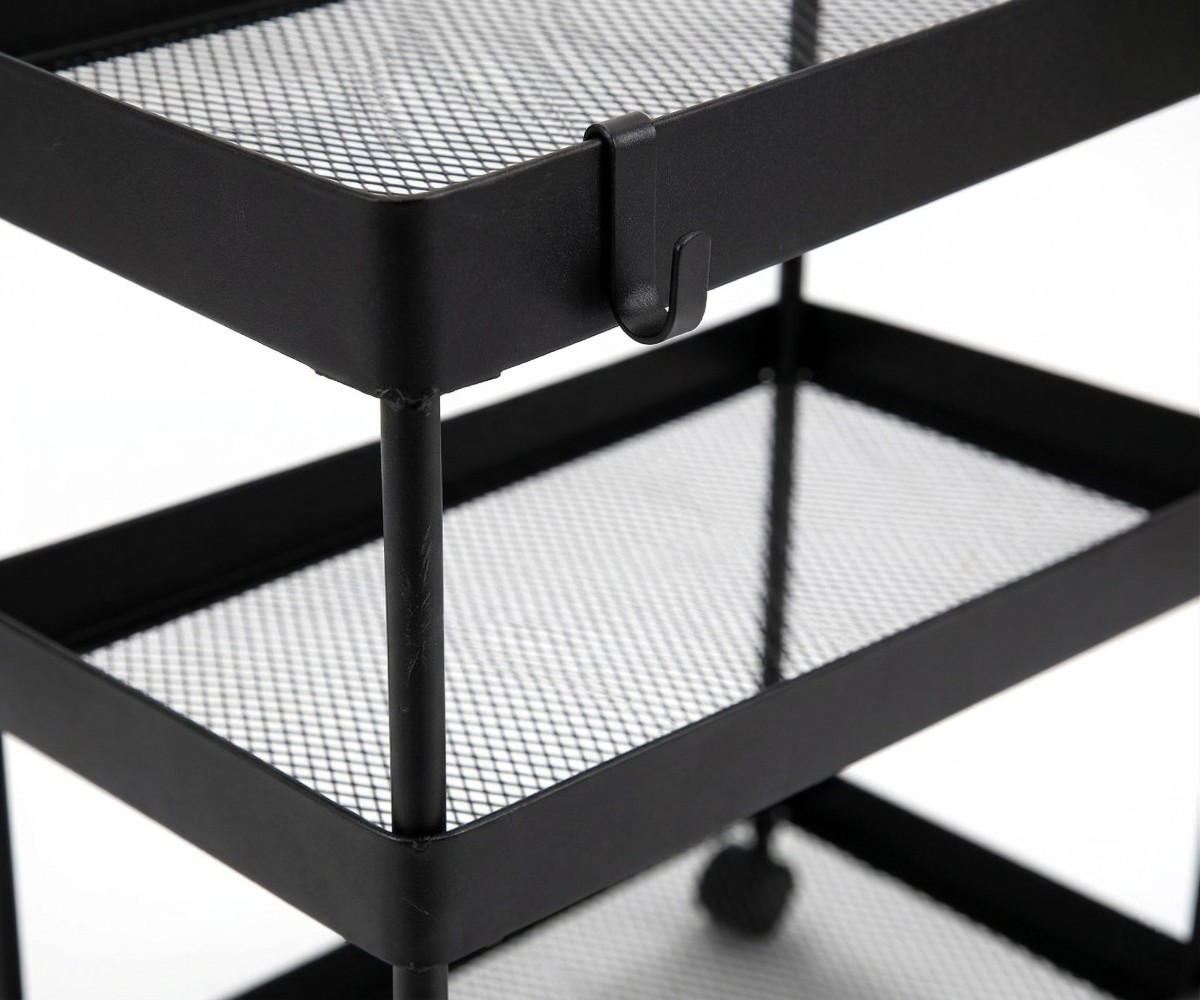 Utility rolling organizer rack, three-tier black trolley on castors