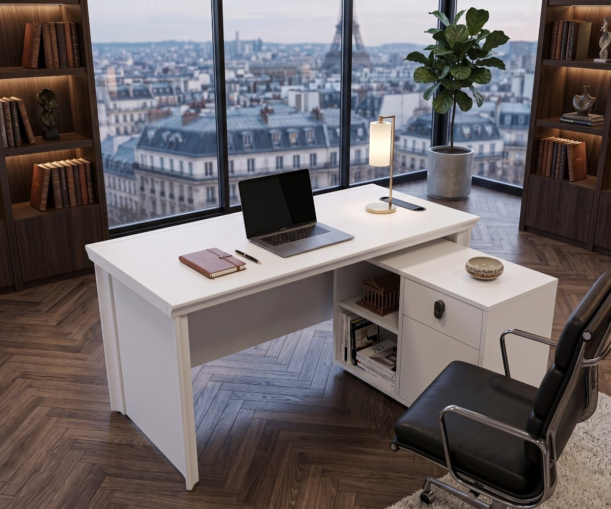 V10-014 white L-shaped desk in a panelled study with a city view