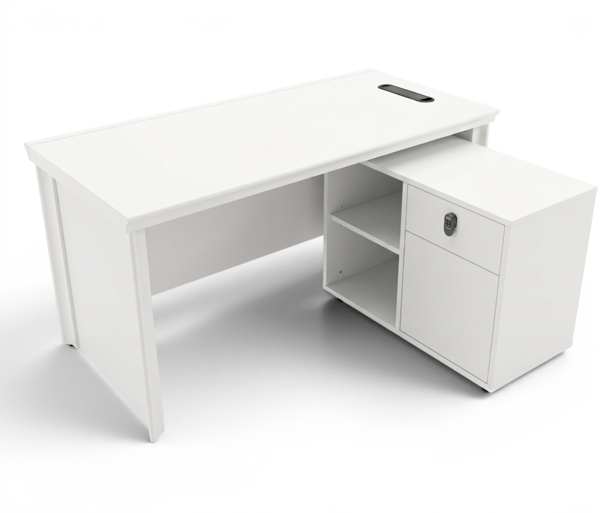 V10-014 white L-shaped desk in a panelled study with a city view