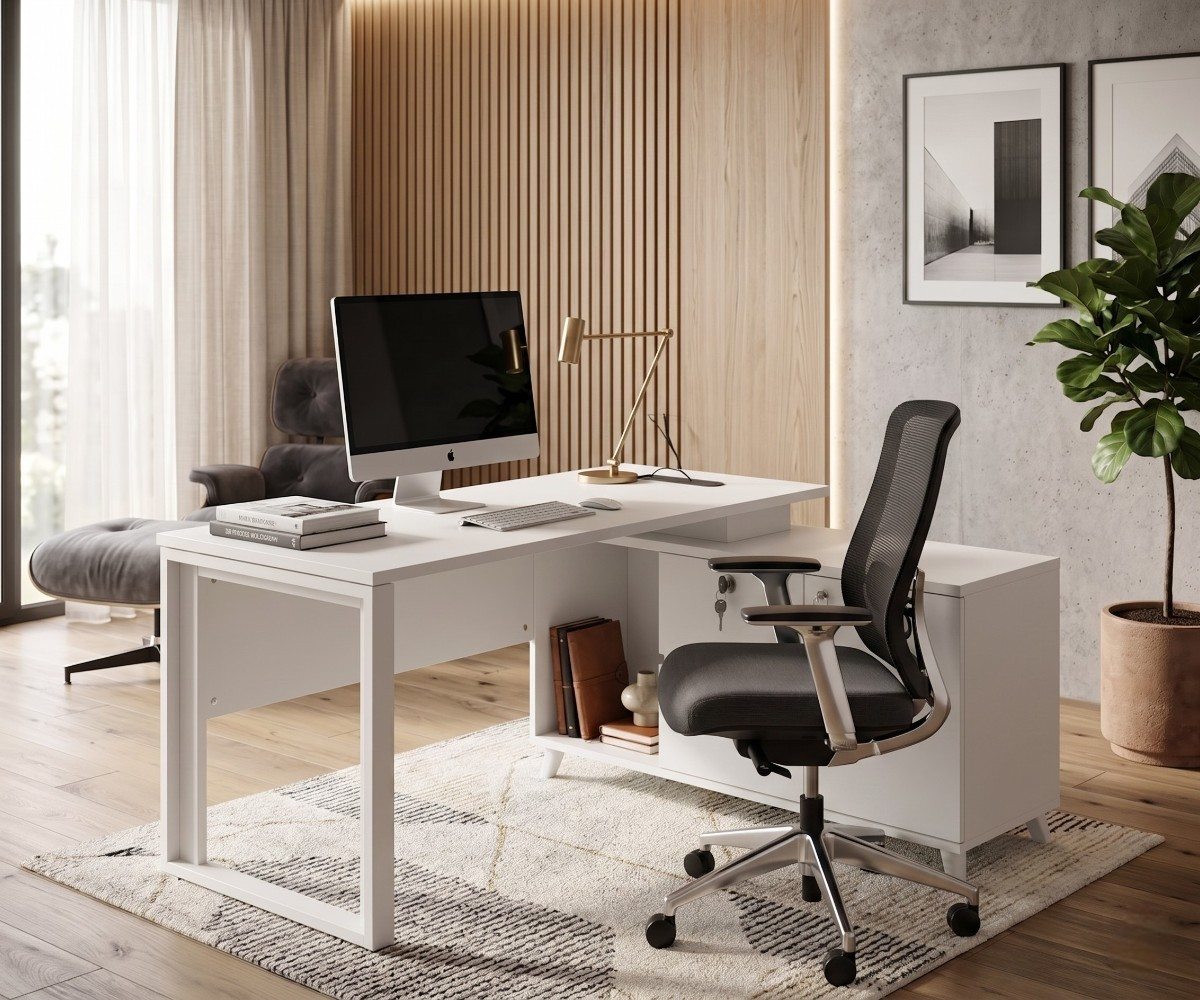 V10-014E, V10-016E, V10-018E white L-shaped desk in a slatted-wood office
