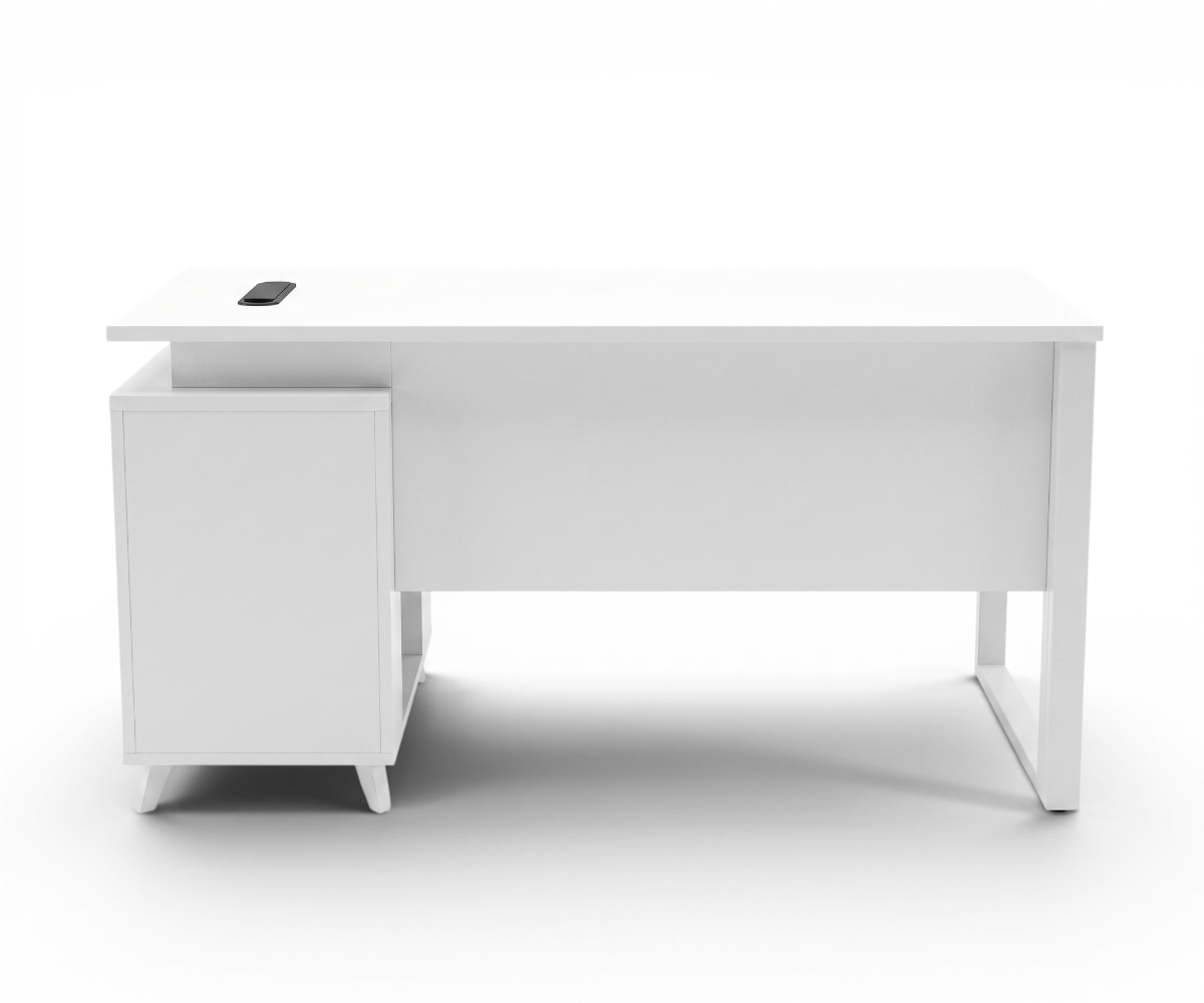 V10-014E, V10-016E, V10-018E white L-shaped desk in a slatted-wood office