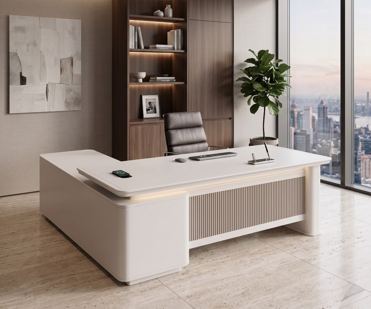V10-020 white L-shaped executive desk with fluted front panel in a bright office, 200 cm