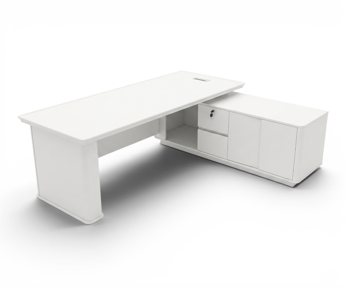 V10-020 white L-shaped executive desk with fluted front panel in a bright office, 200 cm