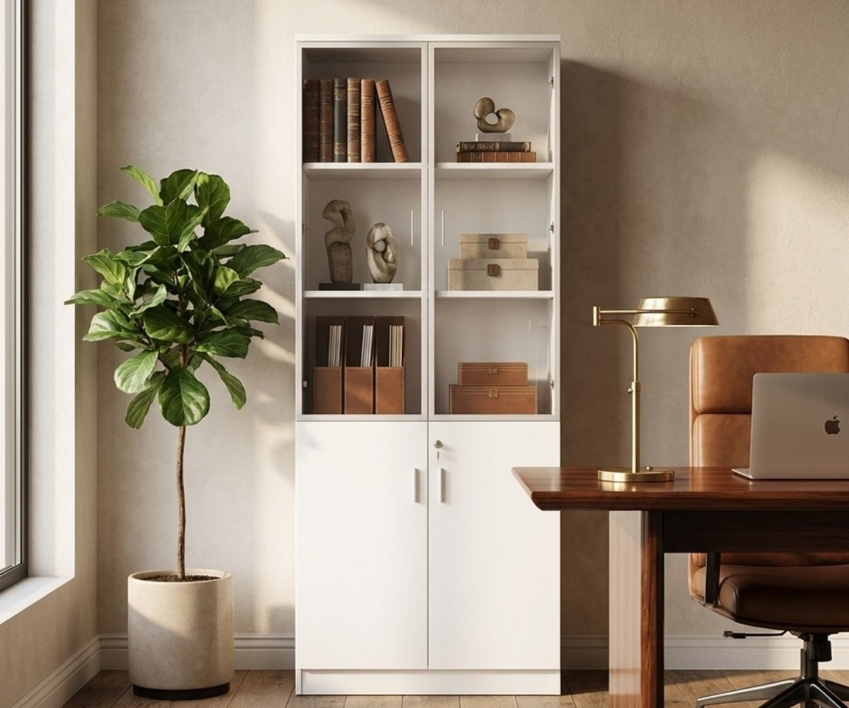 V10-108 white bookcase cabinet beside a walnut desk in a bright office