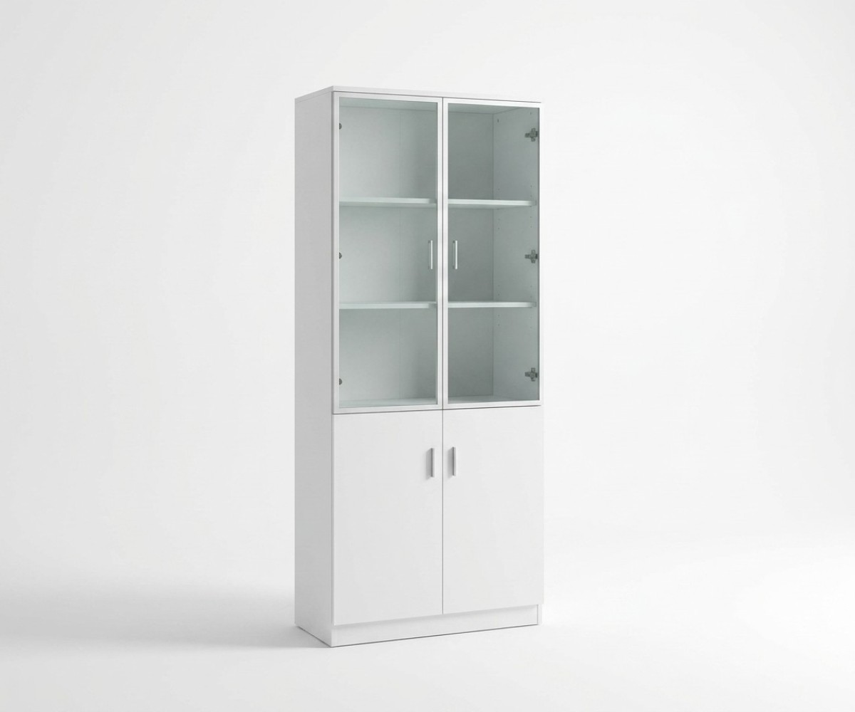 V10-108 white bookcase cabinet beside a walnut desk in a bright office
