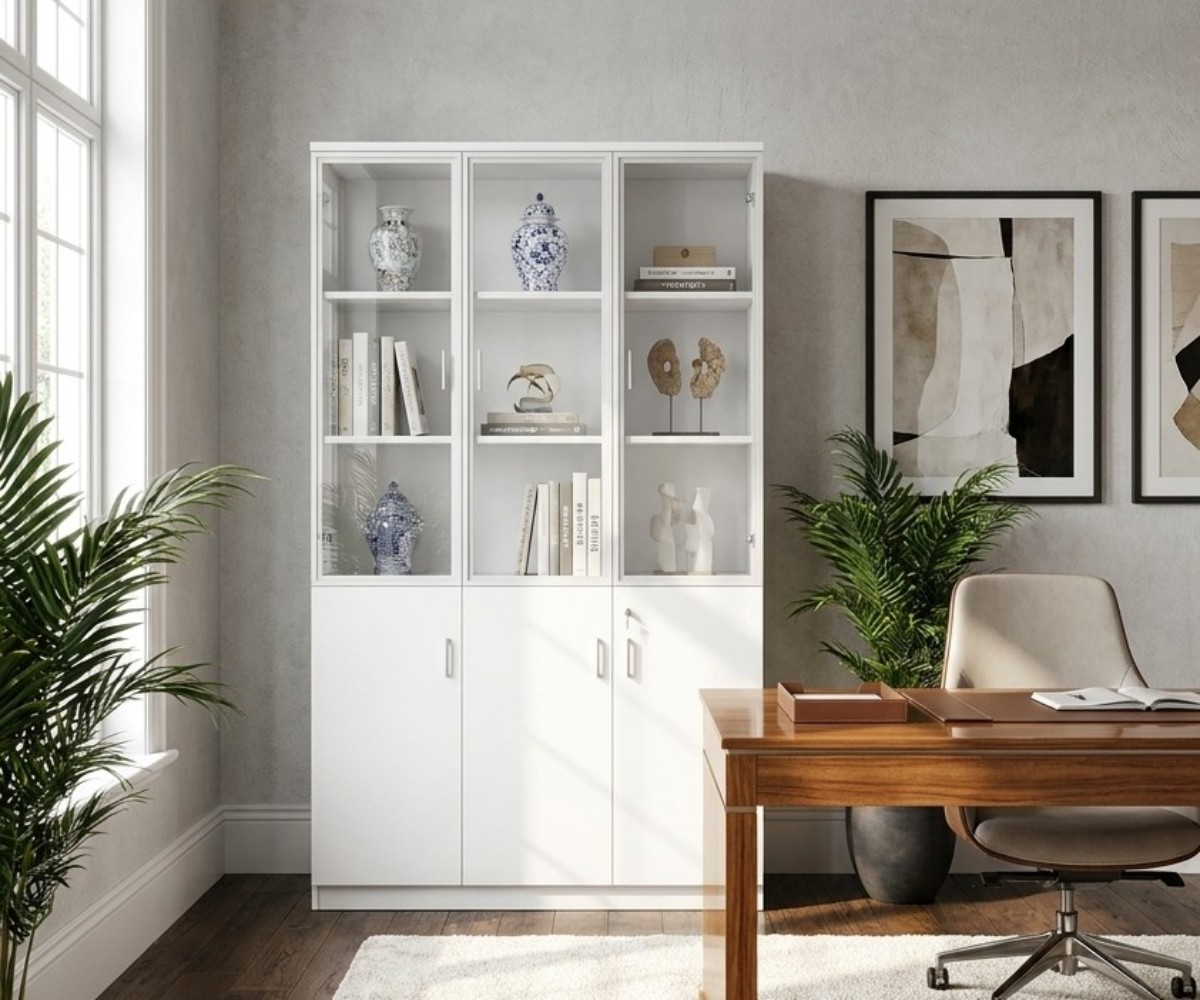 V10-112 white file cabinet with display shelving in a bright office