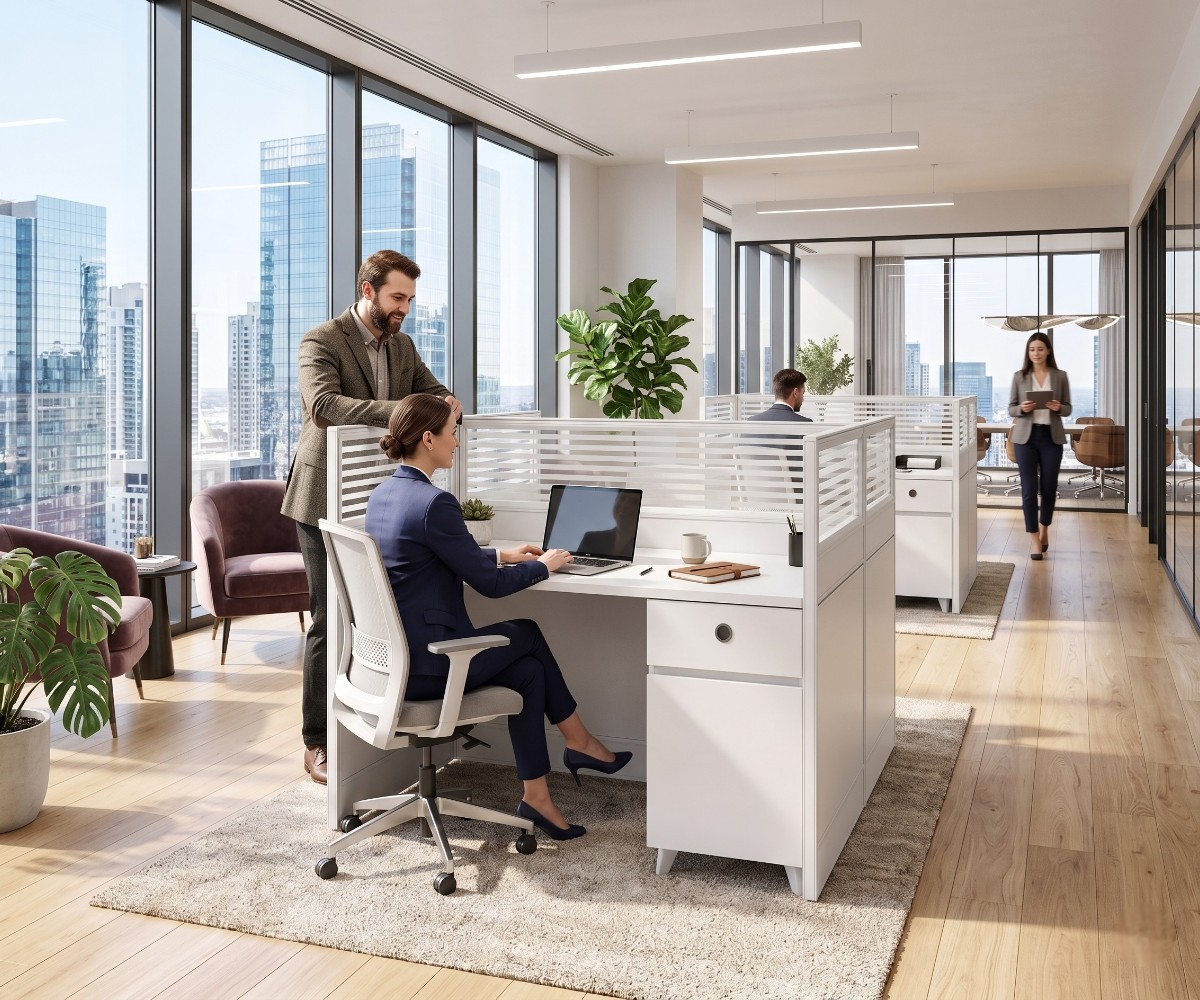 V10-1H Alva white workstation cubicle with two people working in a bright office